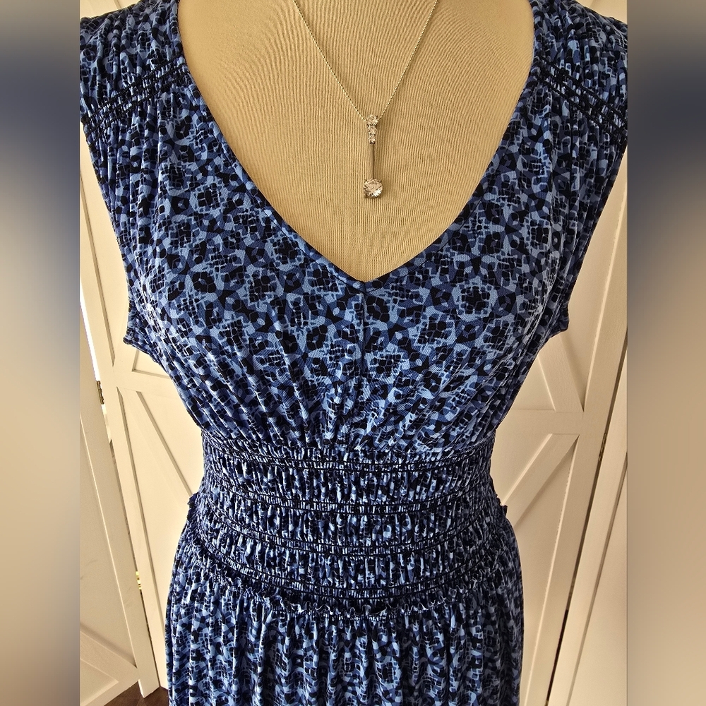 Adrienne Vittadini Smocked Waist Sleeveless Blue Dress - Picture 2 of 10